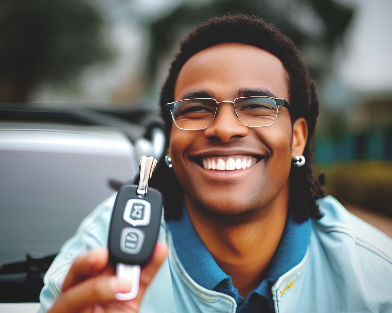 Smiling driver holding up his car key after being let back into his car